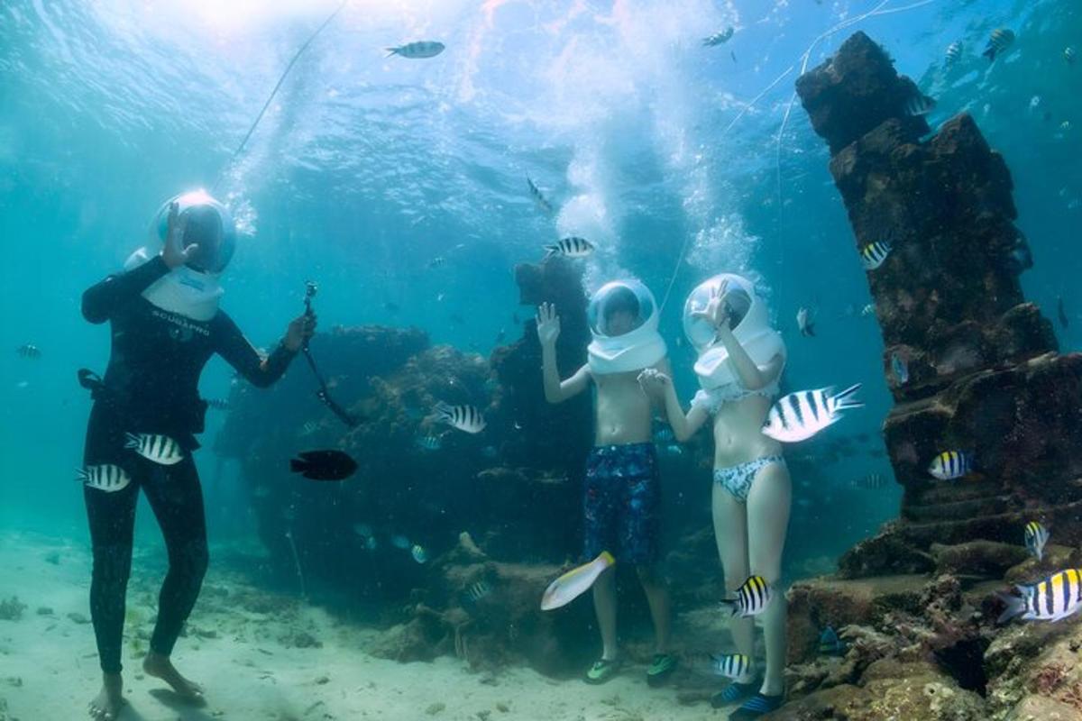 isang grupo ng mga tao na kumukuha ng mga larawan ng isda sa karagatan