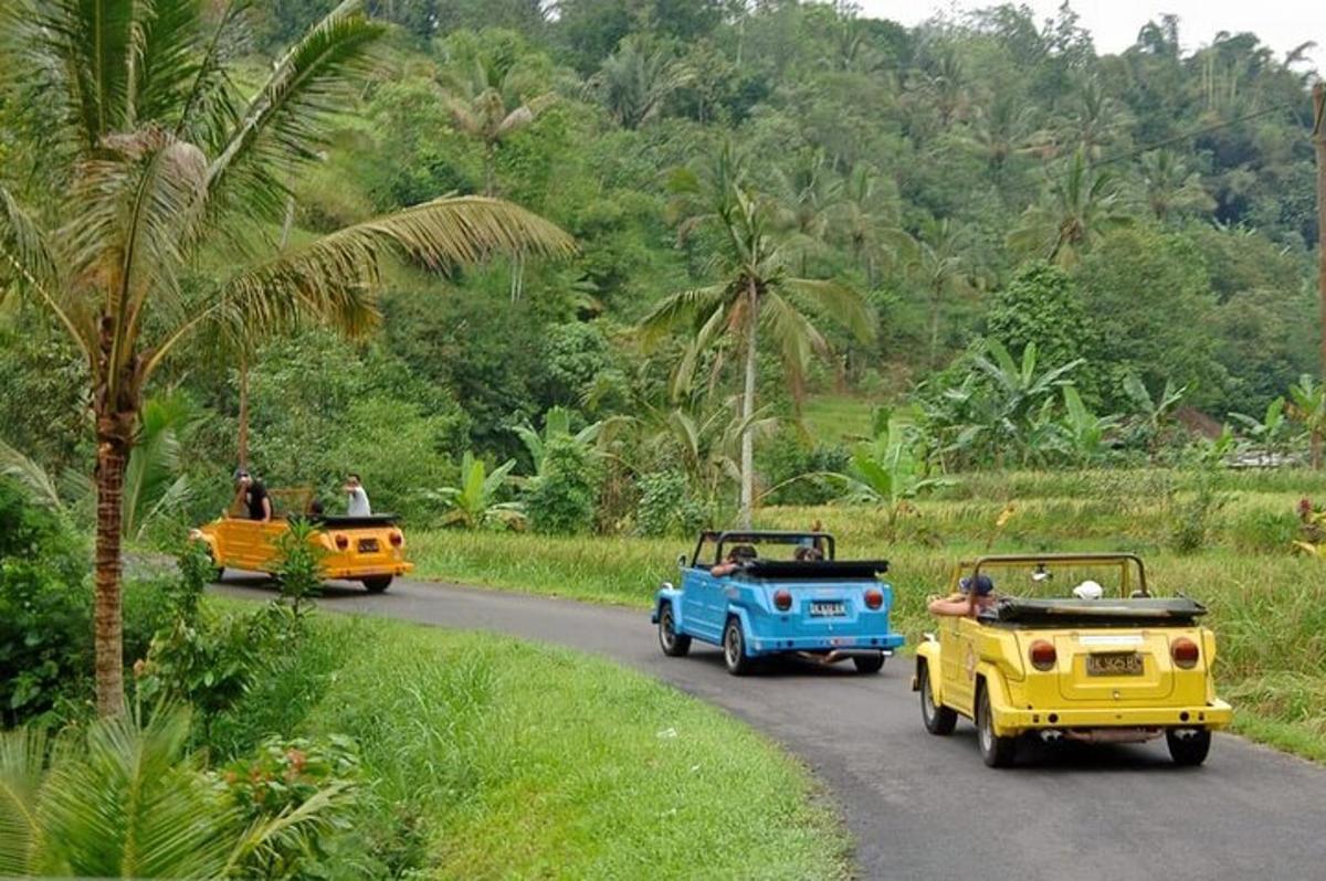a group of cars driving down a road with palm trees
