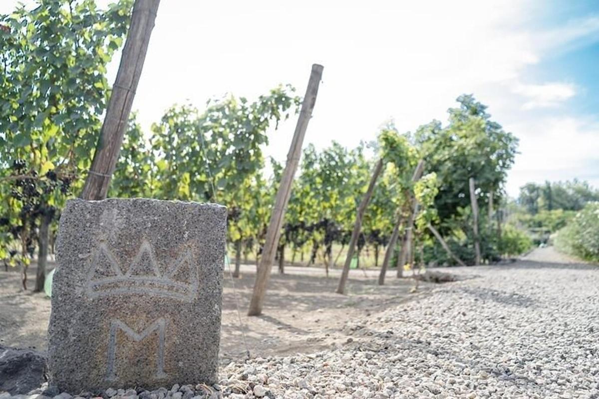 Un pilar de piedra con una corona sobre un camino de grava.