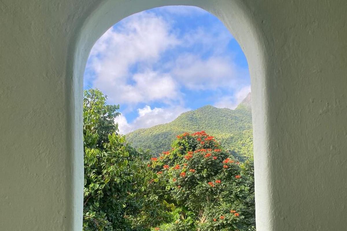 Un arco con vistas a árboles y montañas.