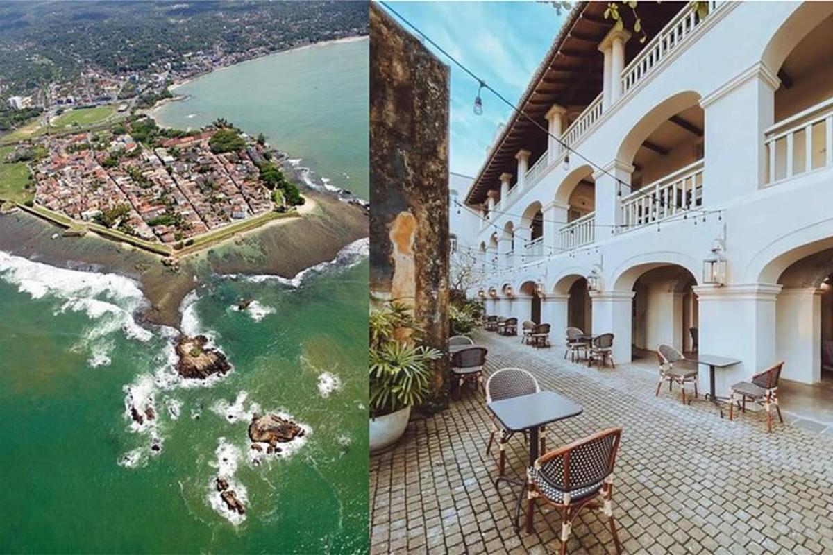 two pictures of a building with a view of the ocean