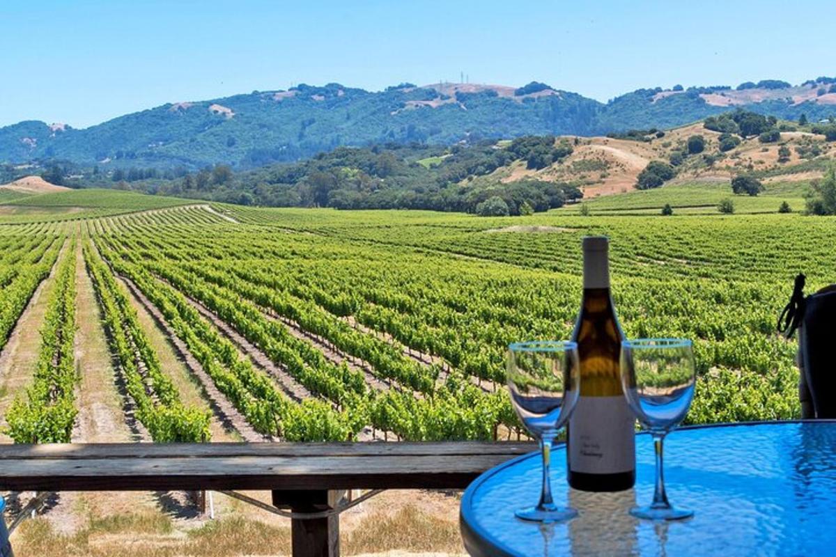 un tavolo con due bicchieri da vino e una bottiglia di vino