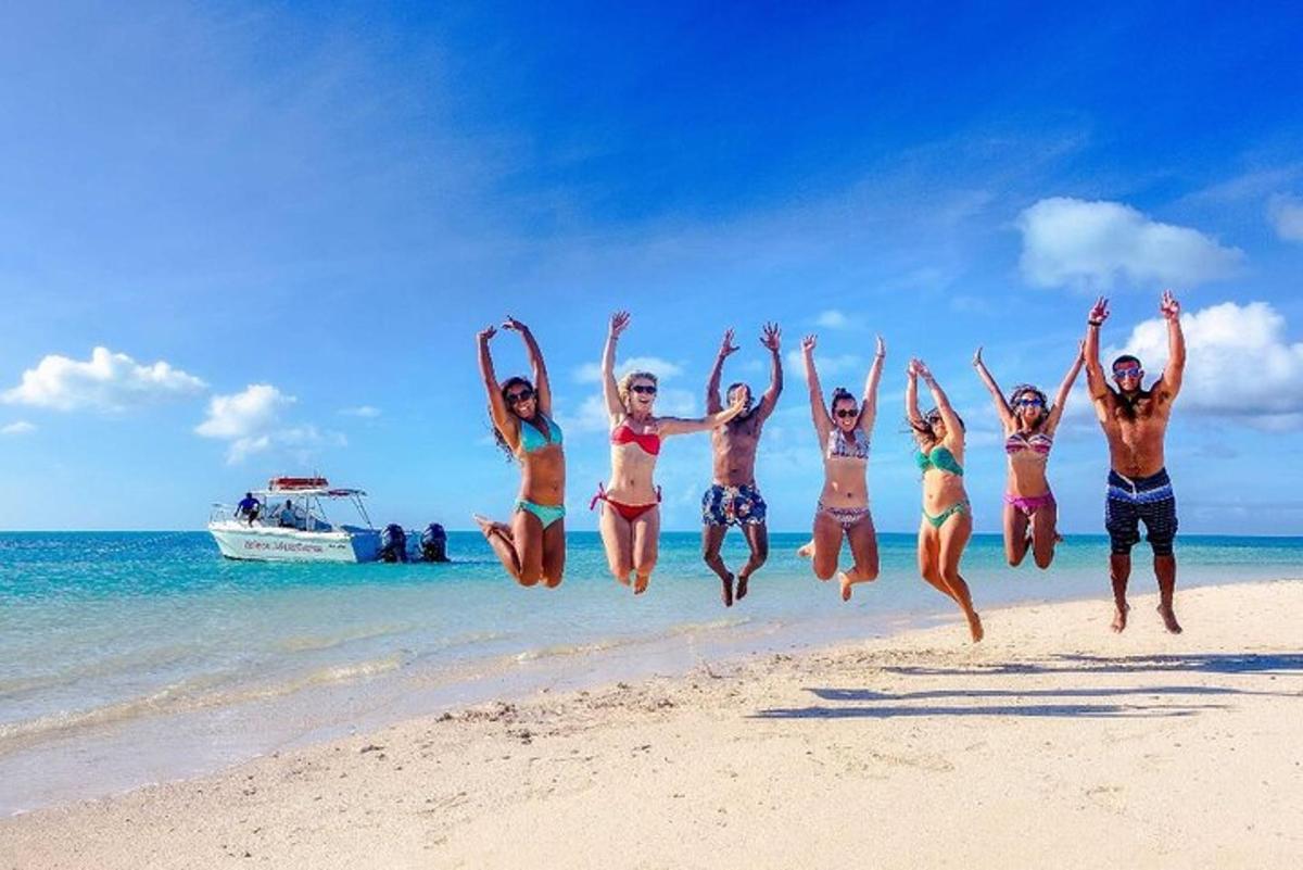 un gruppo di persone che saltano in aria sulla spiaggia