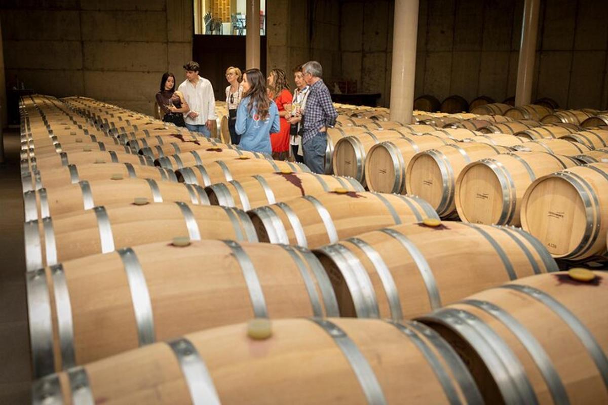un grup de oameni care stau într-o cameră cu butoaie de vin