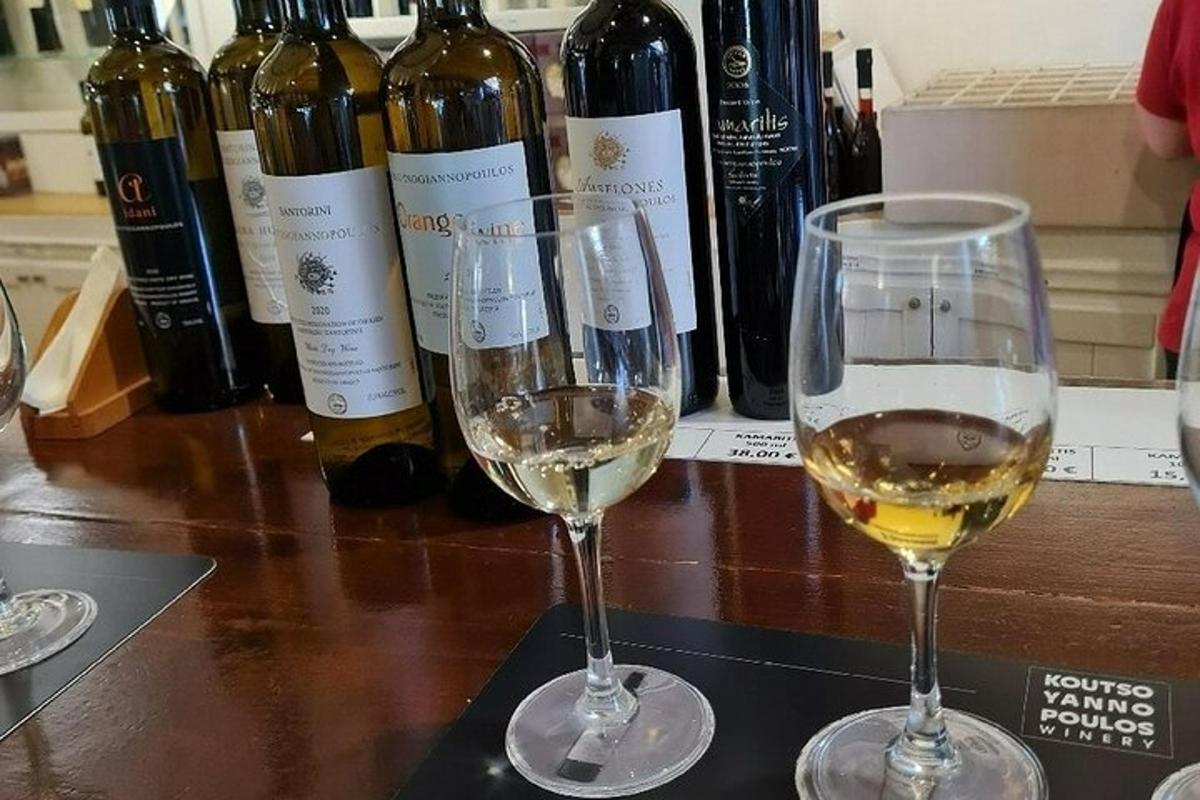 două pahare de vin alb pe un tejghea cu sticle de vin