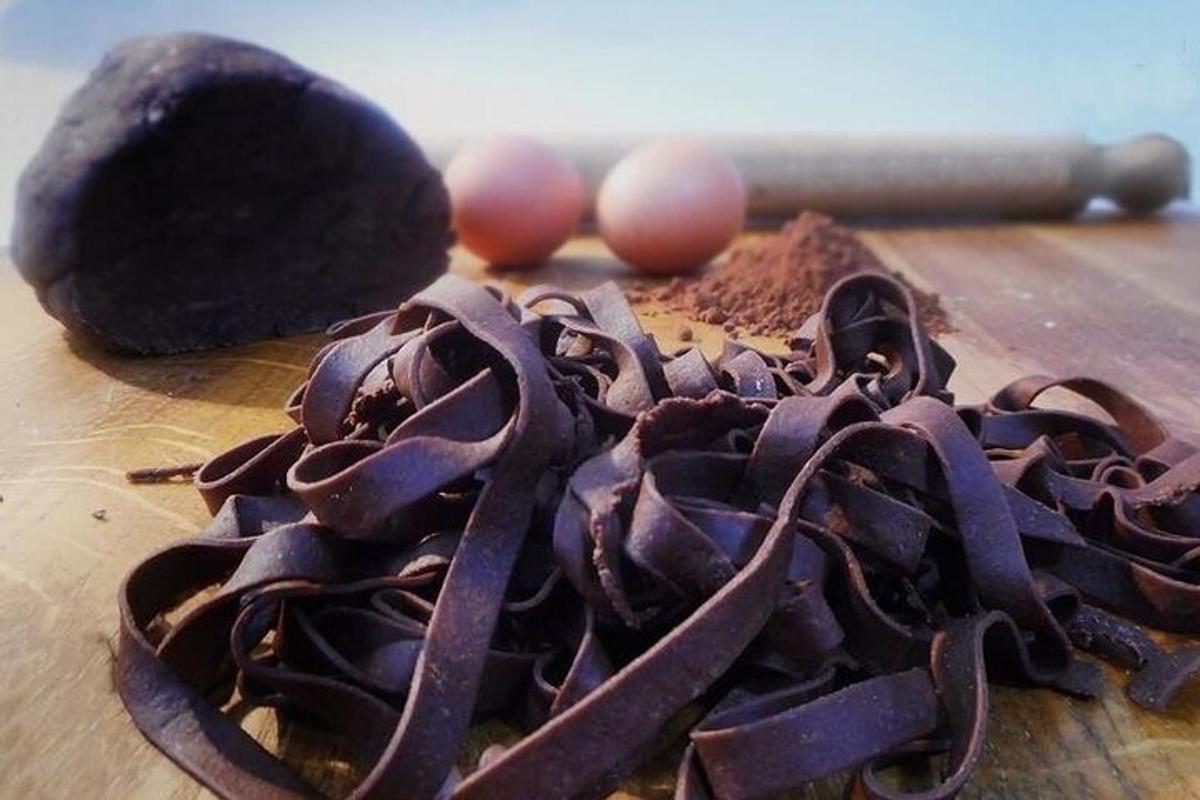 a pile of food on a wooden table with eggs