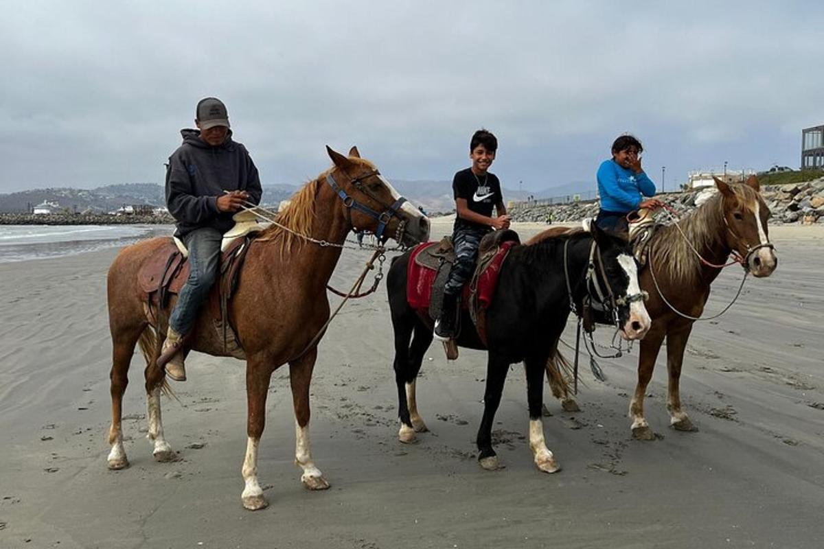a group of people riding horses on the beach