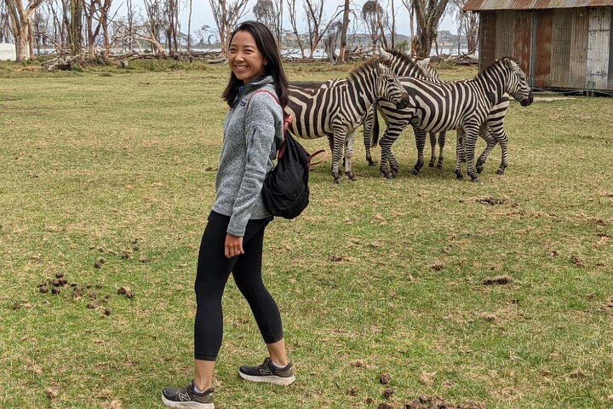 ein junges Mädchen steht vor einer Gruppe Zebras