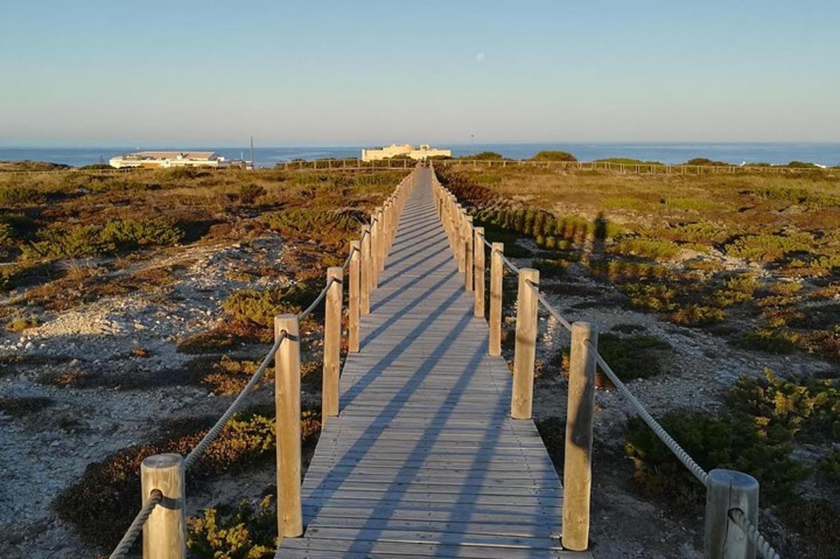 a wooden boardwalk leading to the ocean on a beach