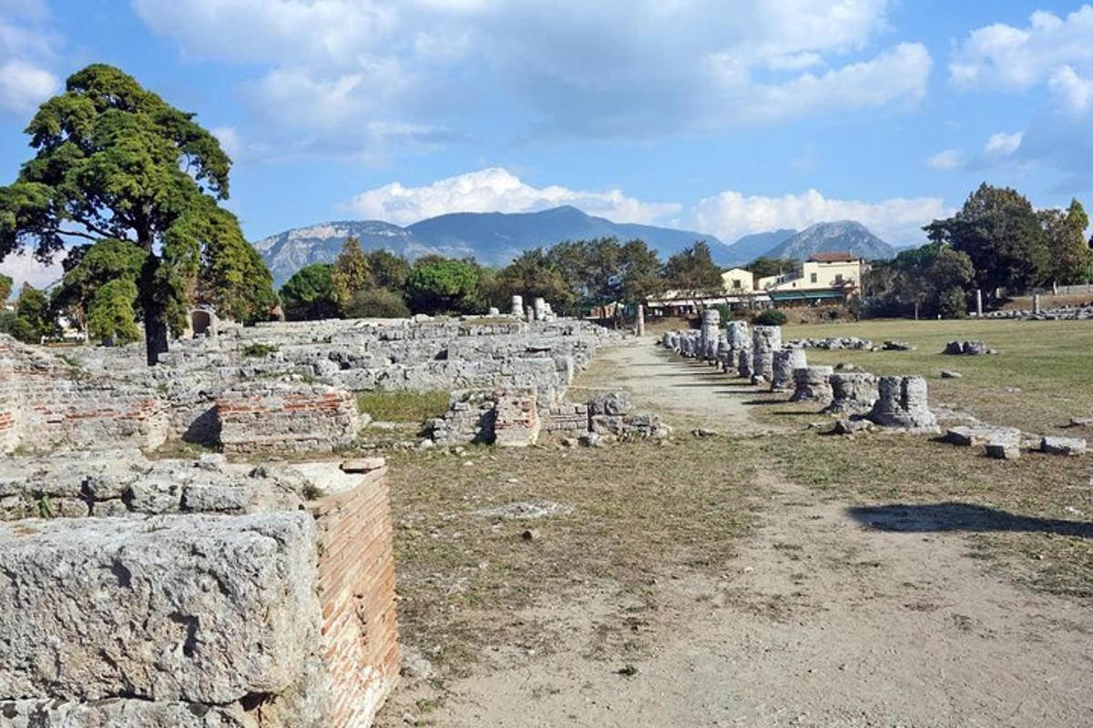 Un grupo de ruinas con montañas al fondo