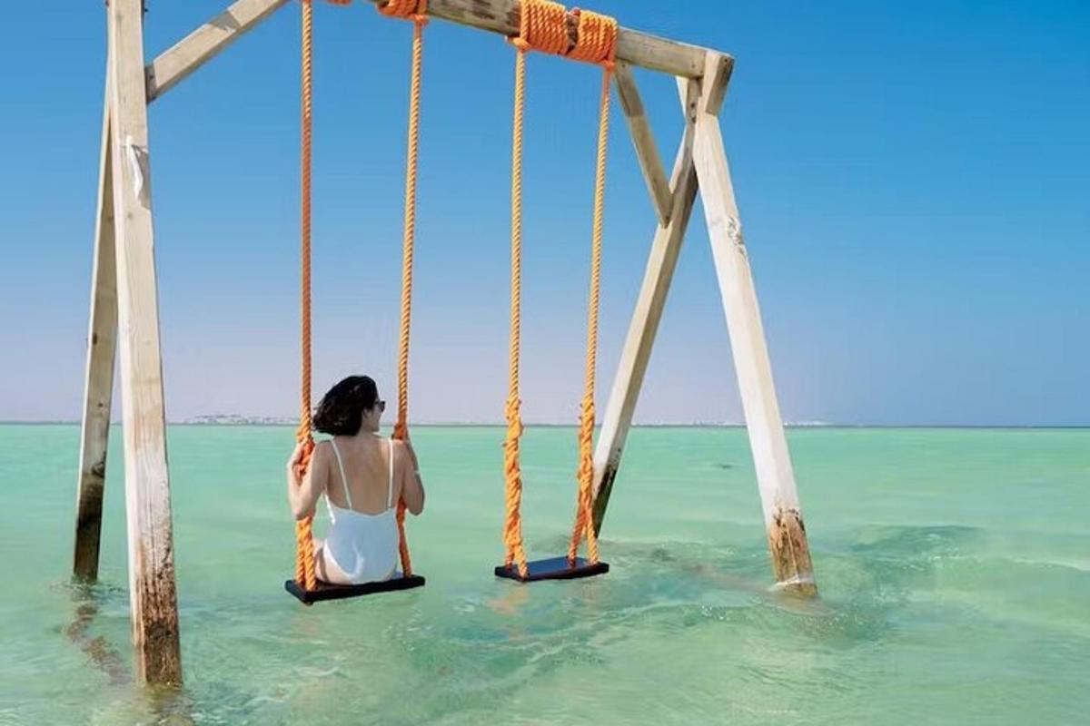 uma mulher sentada em um balanço no oceano