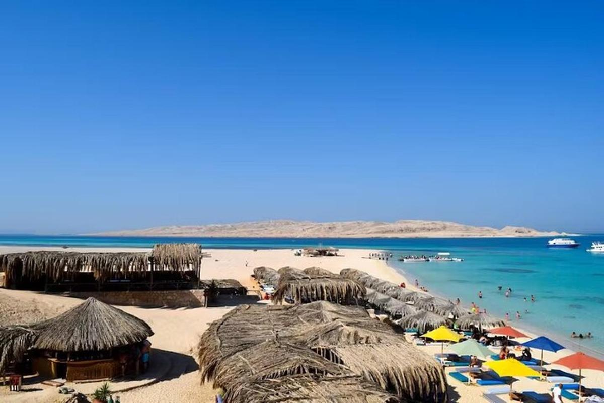 uma praia com muitos guarda-sóis de palha e o oceano