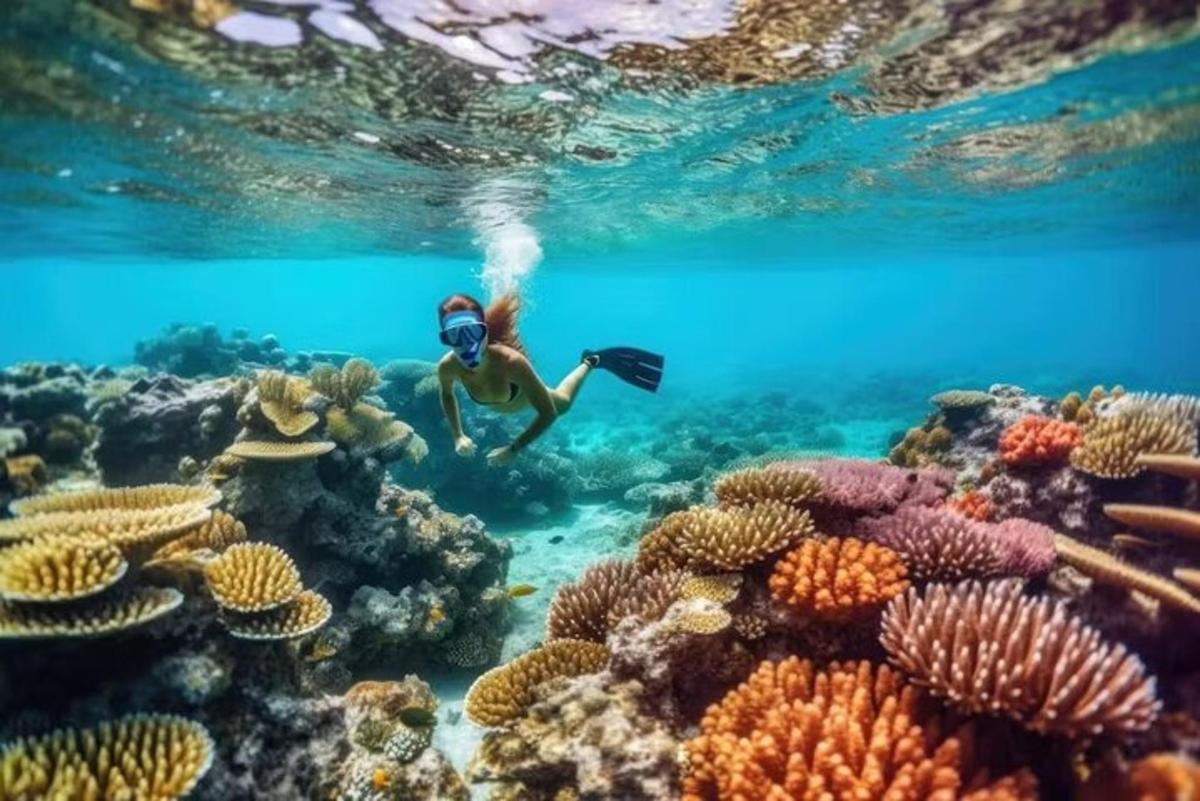uma pessoa está nadando sobre um recife de coral