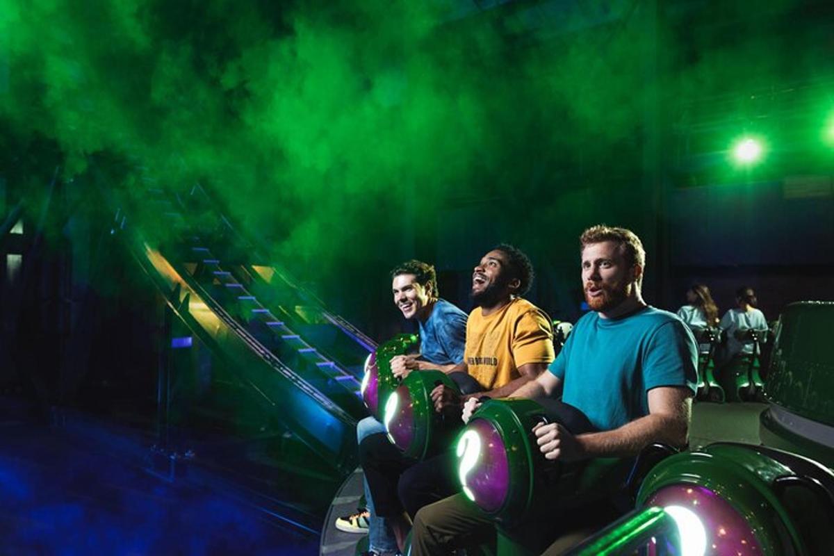 a group of people sitting on a roller coaster