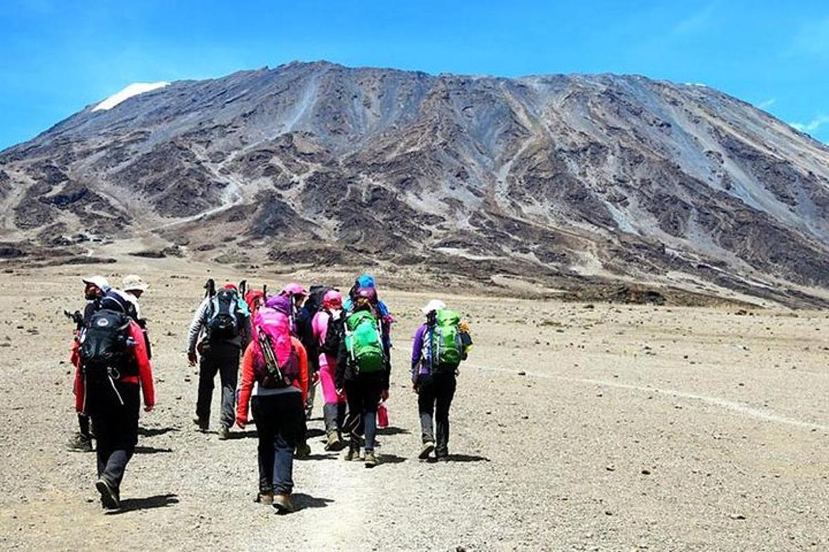 sekumpulan orang berjalan di hadapan gunung