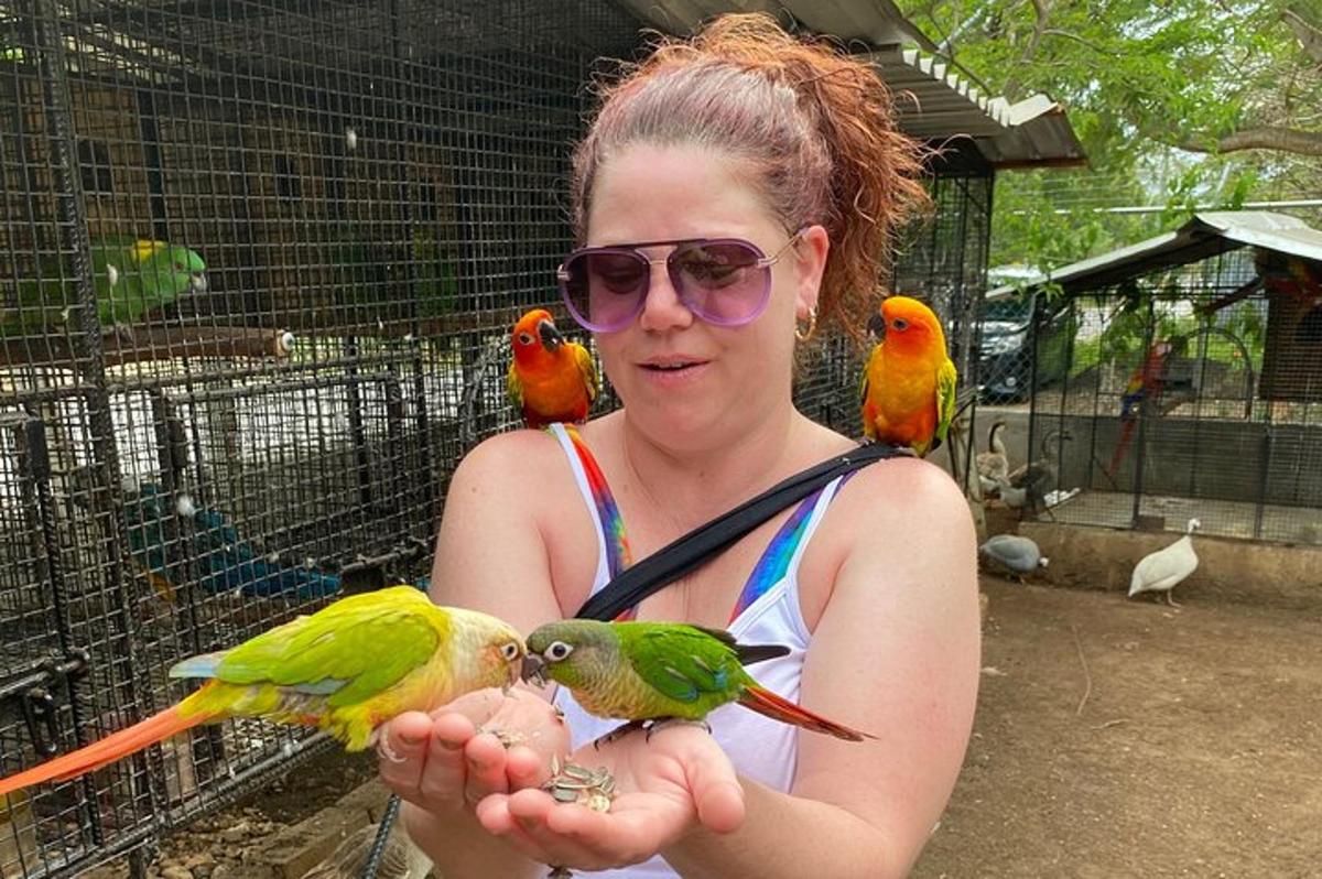 eine Frau, die zwei Vögel in der Hand hält