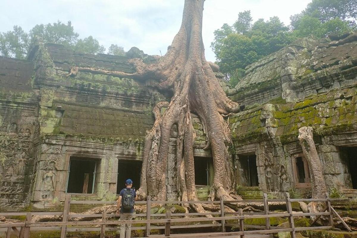 un uomo in piedi davanti a un edificio con un albero