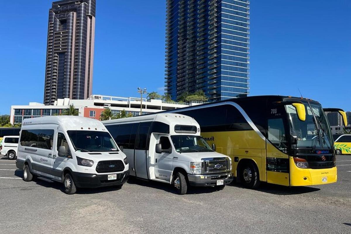 bir otoparkta park edilmiş iki otobüs ve bir kamyon