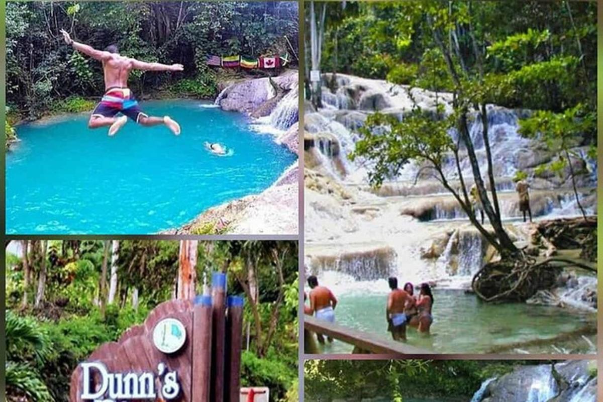 kolaj empat gambar orang di dalam air terjun