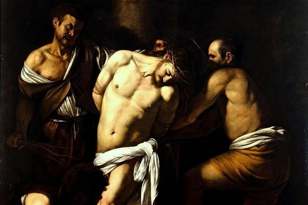 een schilderij van drie mannen die naast elkaar staan