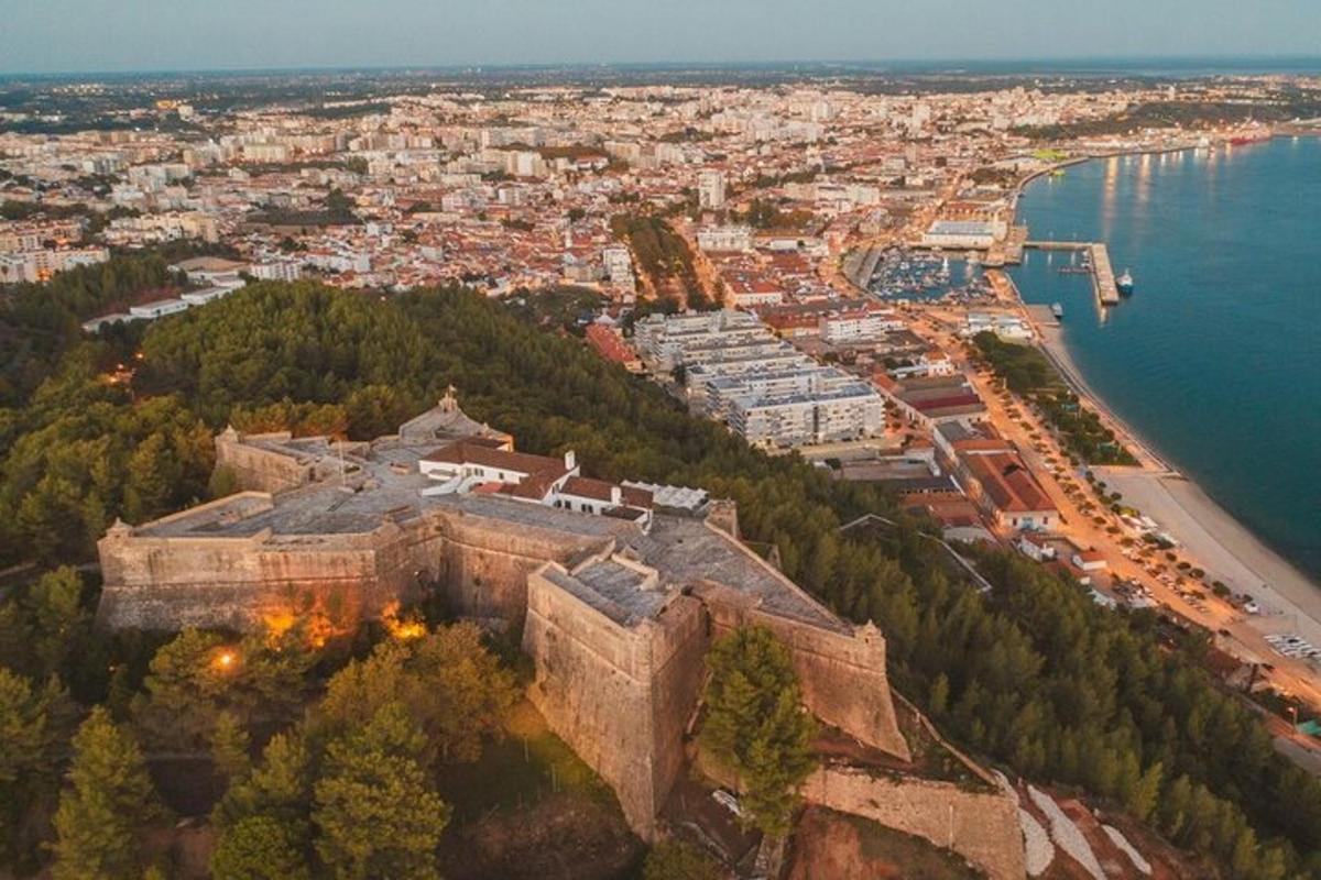 uma vista aérea de um castelo próximo à água