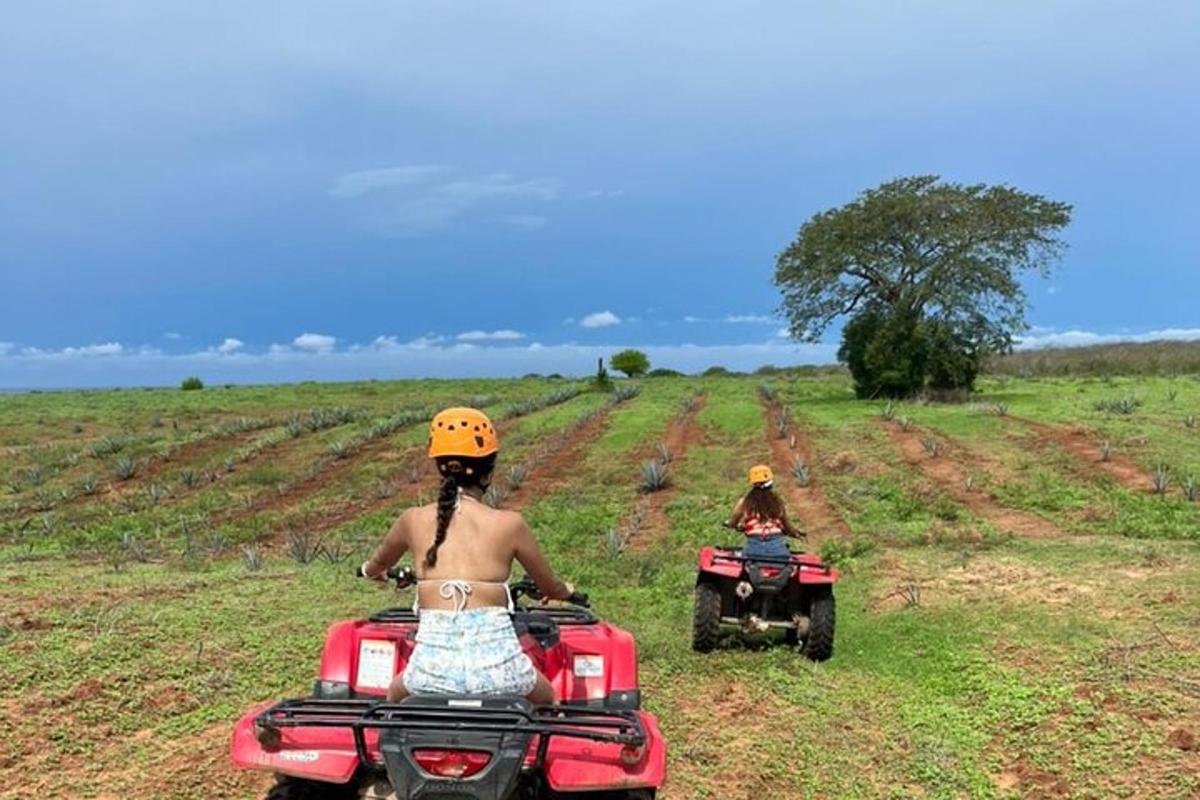 hai người đang đi xe địa hình trên một cánh đồng