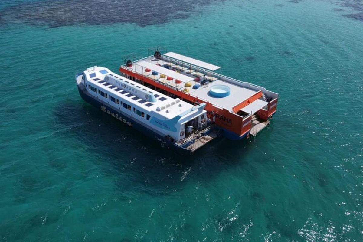 an aerial view of a boat in the water