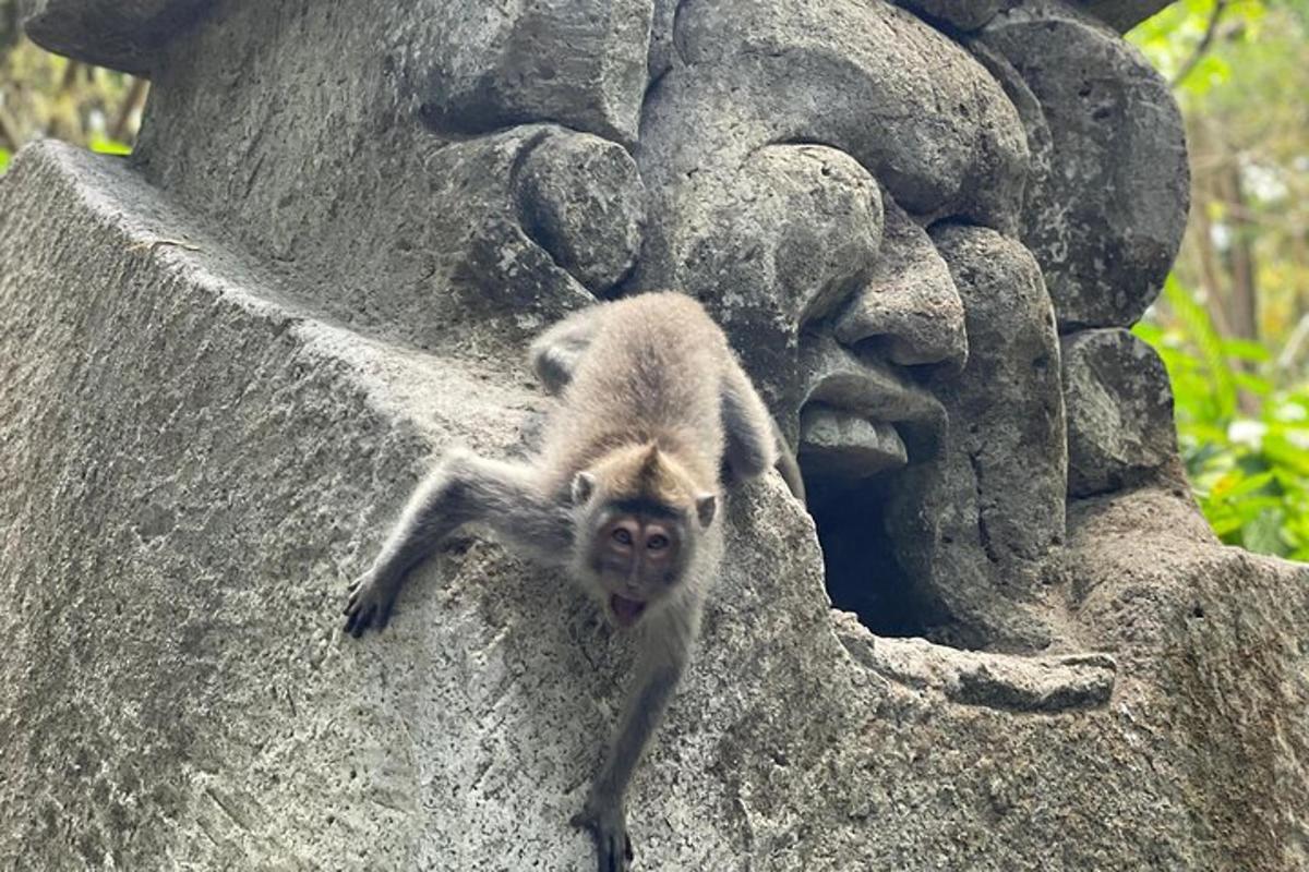 a monkey sitting on top of a statue