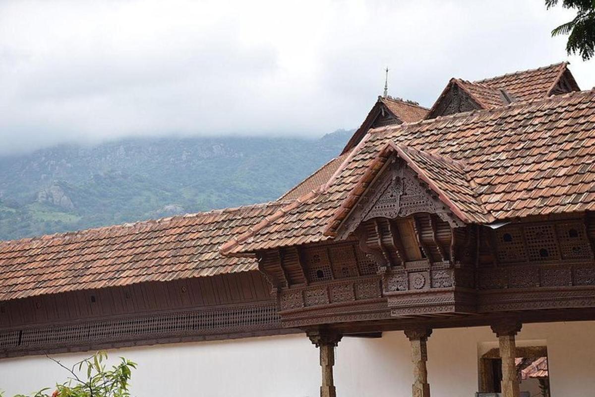 a building with a roof with mountains in the background