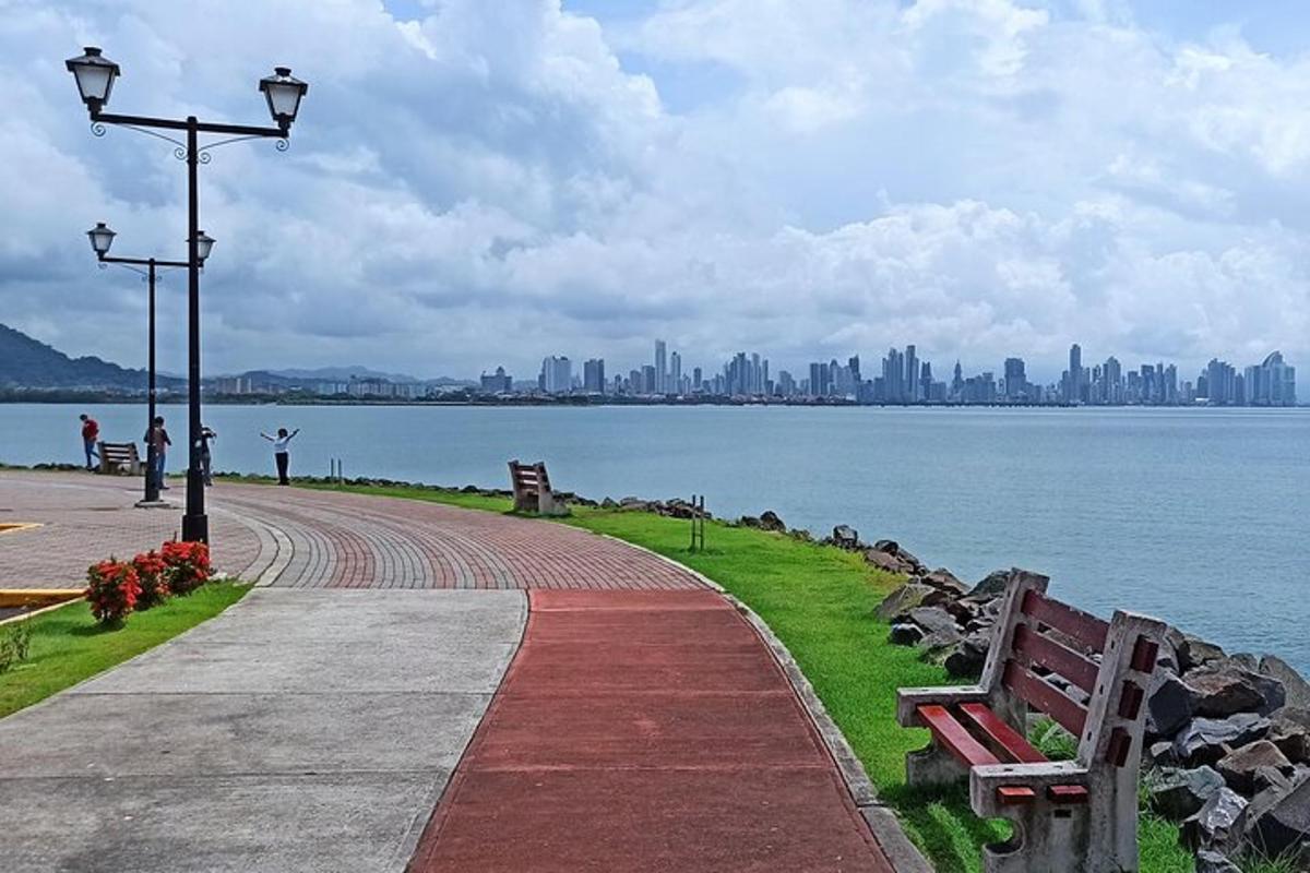 a walkway next to a body of water with a city
