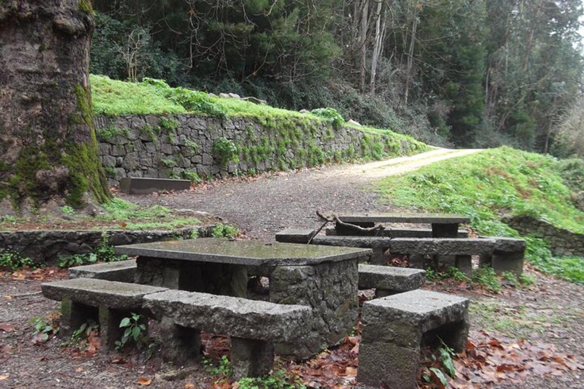 um grupo de mesas de piquenique e um muro de pedra