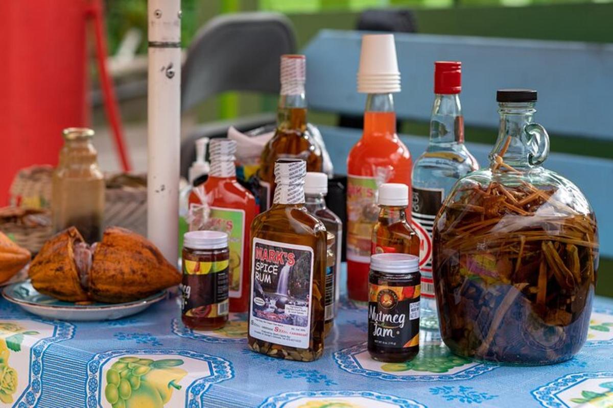 a table with a bunch of bottles of sauce