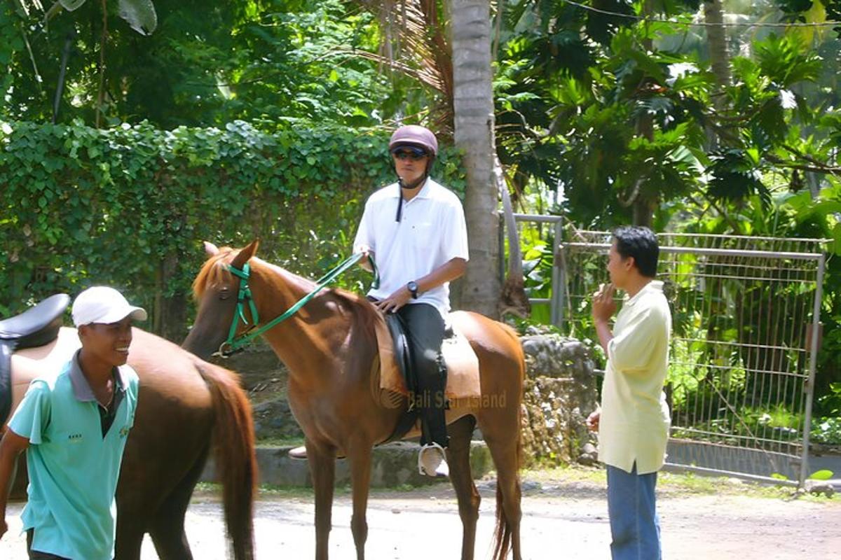 a man is sitting on a brown horse