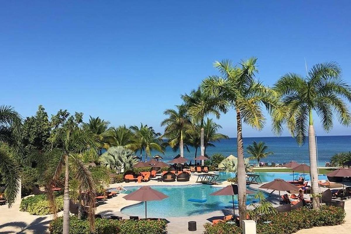 resort s bazénem, palmami a oceánem