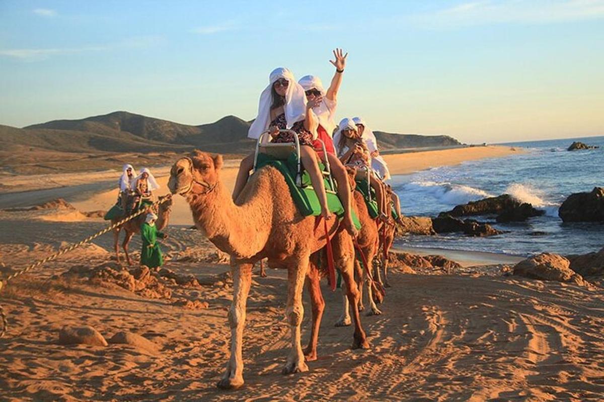 um grupo de pessoas andando de camelo na praia