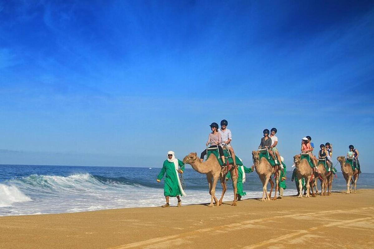 eine Gruppe von Menschen, die am Strand auf Kamelen reiten