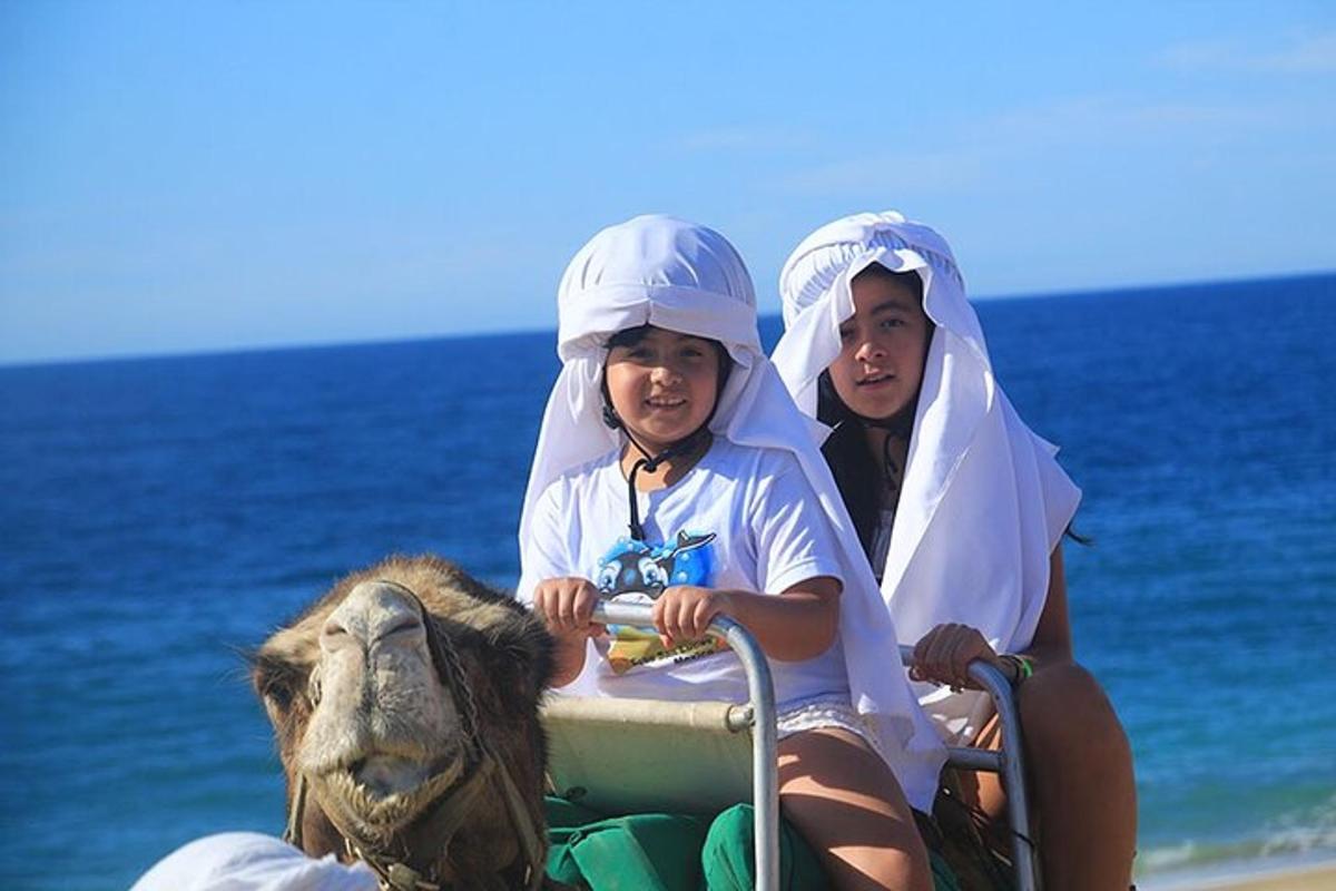 คนสองคนบนเรือพร้อมอูฐบนชายหาด