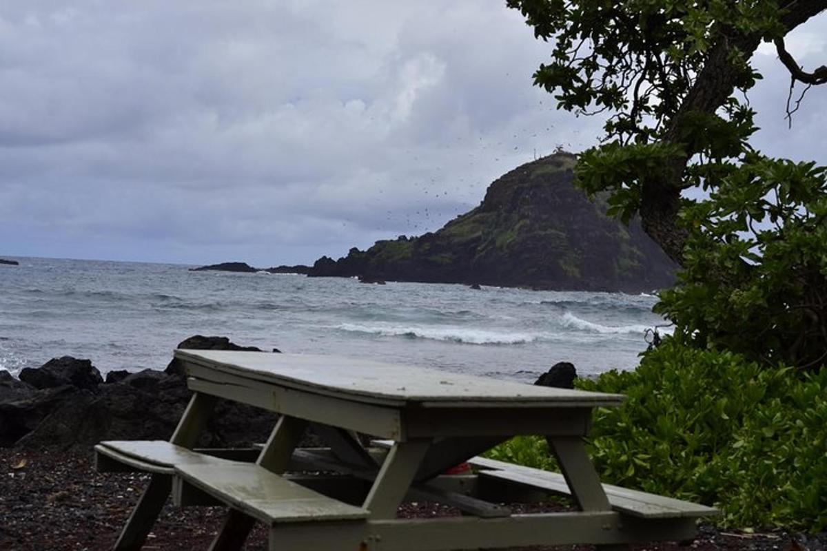 un tavolo da picnic sulla spiaggia vicino all'oceano