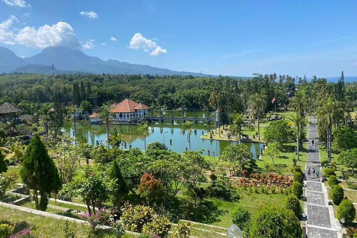 una vista di un parco con uno specchio d'acqua