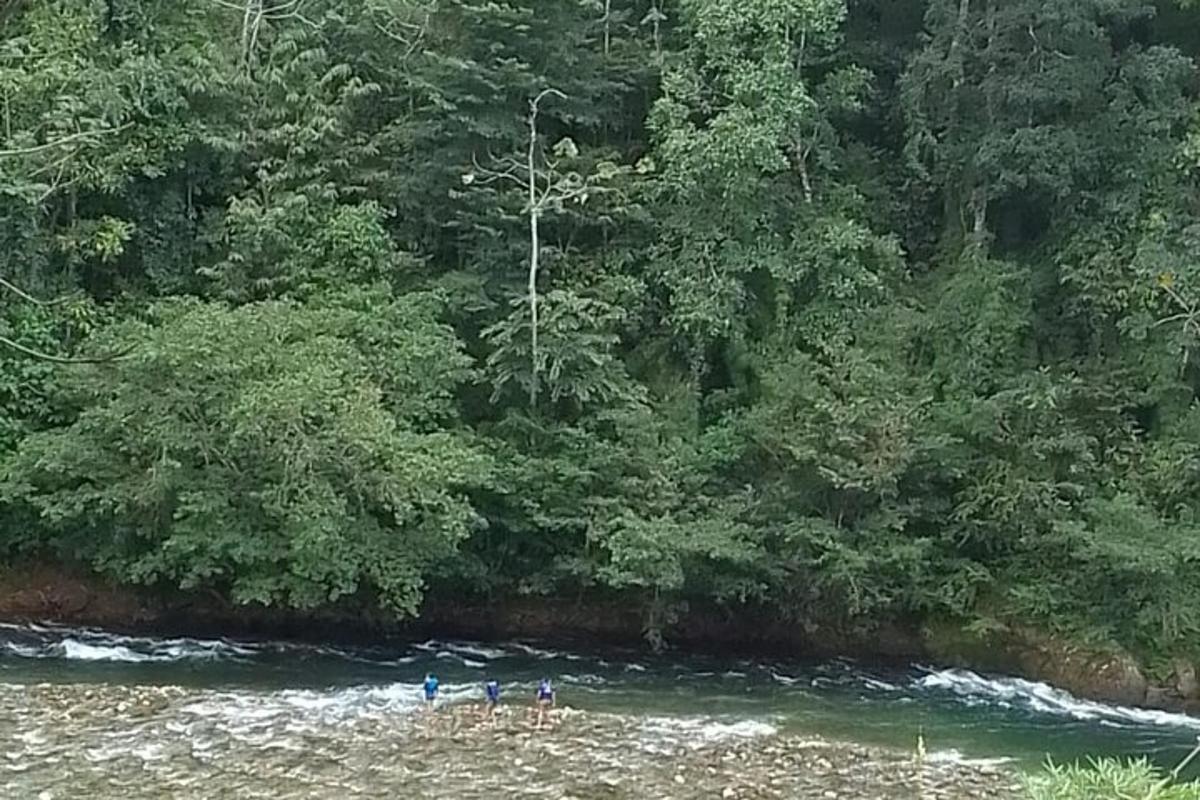 Un grupo de personas de pie en la orilla de un río