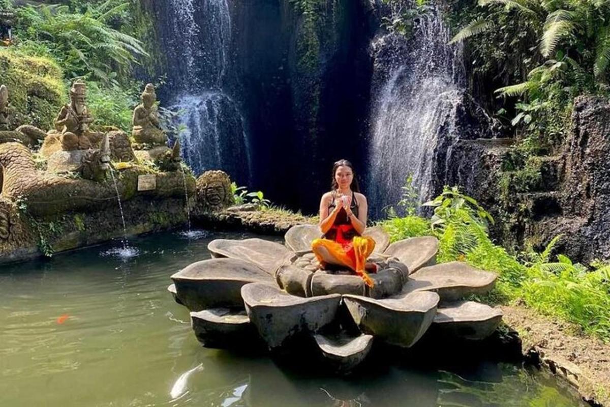 una dona asseguda en una roca davant d'una cascada