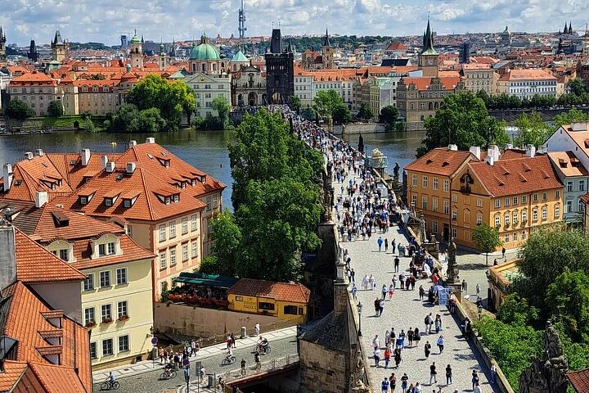 una folla di persone che camminano lungo una strada in una città