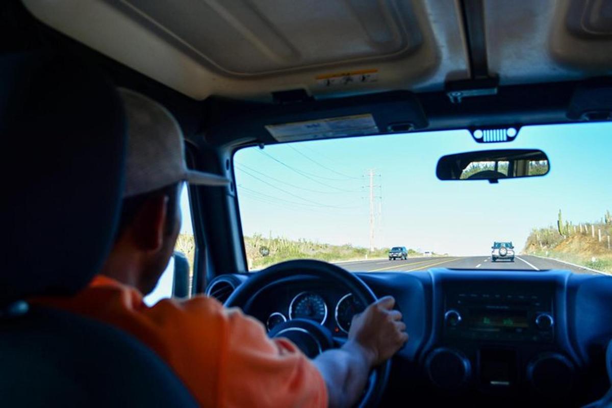 muž řídící auto na dálnici