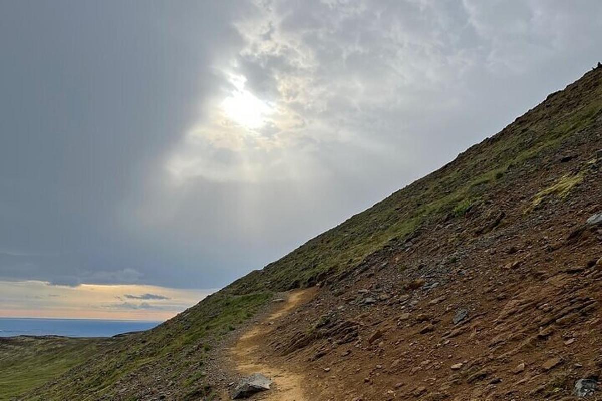 Una colina cubierta de hierba con el sol en el cielo