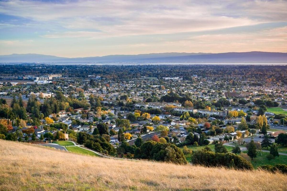 an aerial view of a city from a hill