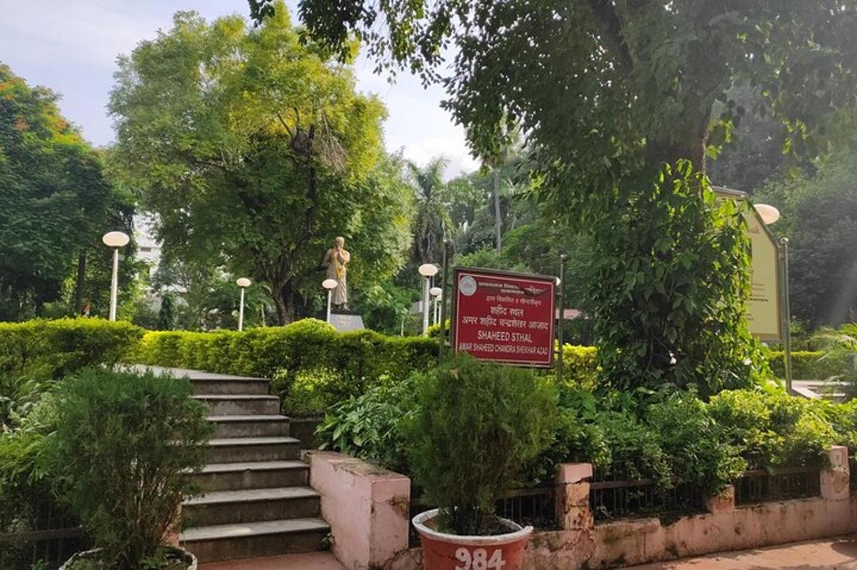 a set of stairs in a park with a sign