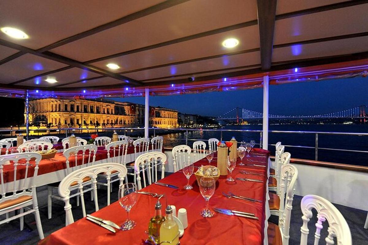 a dining room with a view of the bridge