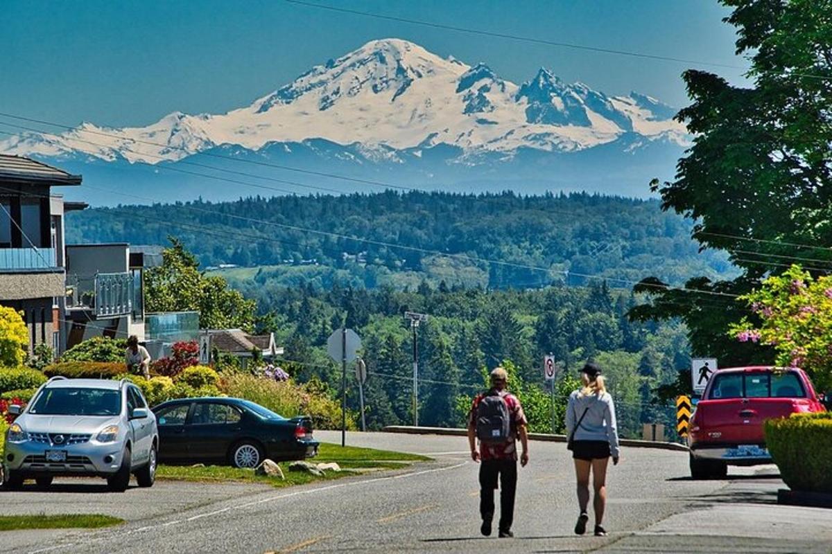 due persone che camminano lungo una strada con una montagna sullo sfondo