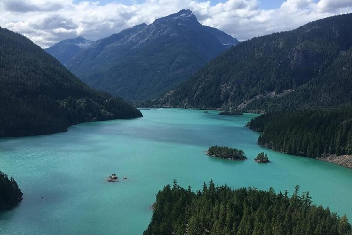 un grande specchio d'acqua con alberi e montagne
