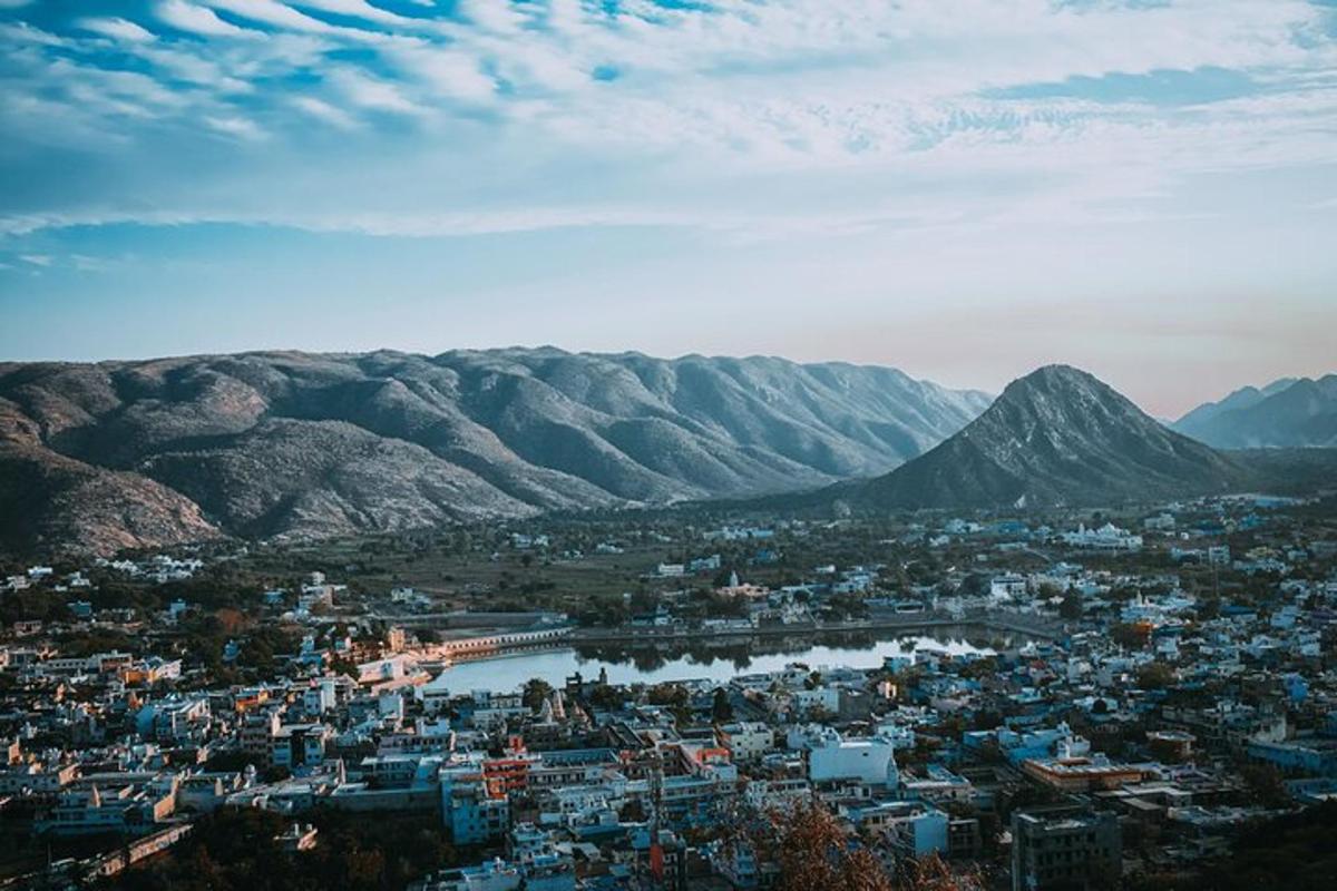 a view of a city with mountains in the background